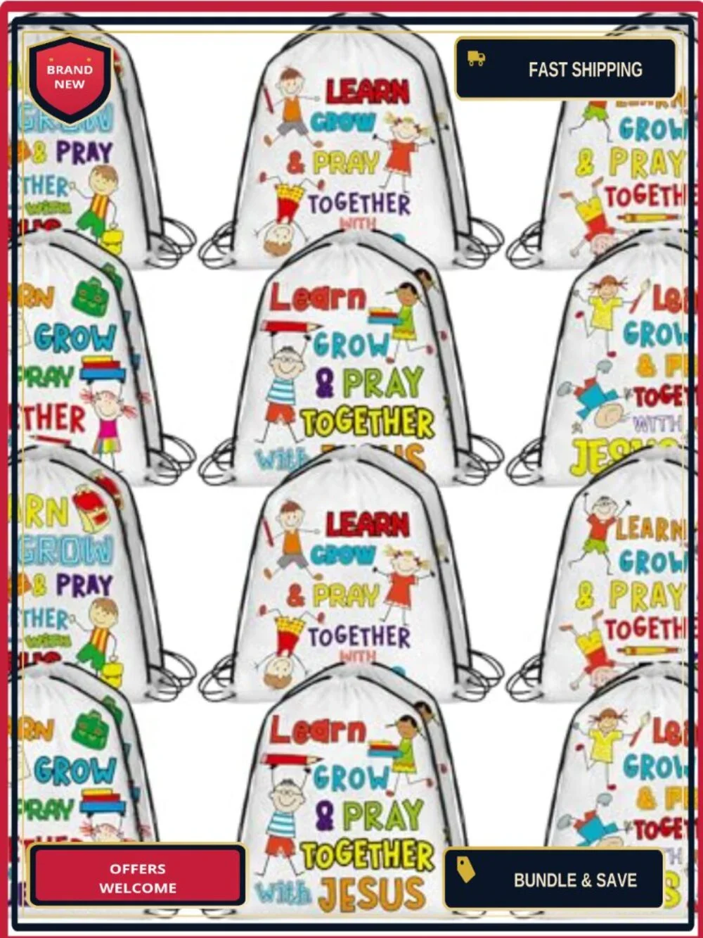 24 Pcs Religious Drawstring Backpacks Christian Learn Grow Pray with Jesus